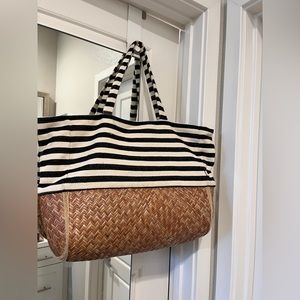 Black white striped cotton rattan large (20” width) tote